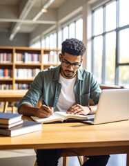 A young student of mixed ethnicity sitting at a wooden table in a quiet, modern library, reading a hardcover book. Soft natural light coming from large windows. A calm, focused atmosphere.