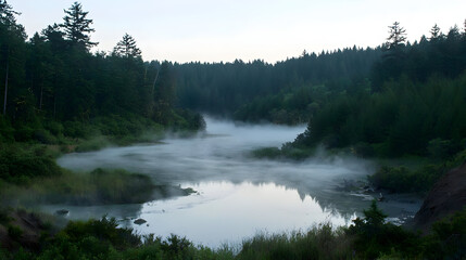 Fototapeta premium Misty Pond in a Dense Forest at Dawn
