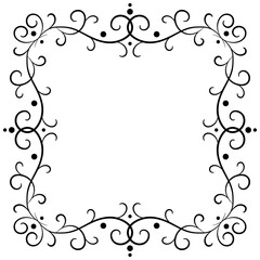 Lacy square black frame with place for text. Curved intertwined lines and curls. Elegance design element of curved lines. Refine calligraphy decor