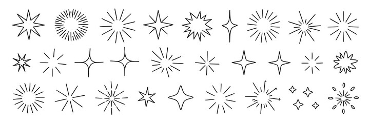Hand-drawn sparkle collection. Set of black and white starburst, glitter, shimmer, twinkle, flash, and burst icons. Monochrome design elements for decoration, celebration, and festive illustrations. V