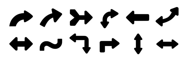 Vector collection of black arrow icons. Set of different directional arrows, curved, straight, double, and right angle arrows. Monochrome arrow symbols for design elements, navigation, infographics, a