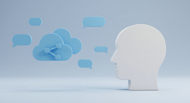 Conceptual artwork of a human profile with cloud and speech bubbles, representing ideas.