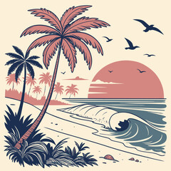 Tropical sunset vector set with palm trees, ocean waves, and birds in a retro color palette. Perfect for t-shirt designs, surf brands, travel posters, and summer-themed graphics