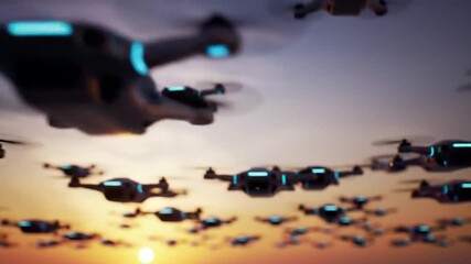 Drone swarm flying at sunset, cinematic aerial footage for commercial use - Powered by Adobe