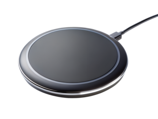 Black wireless charging pad with silver trim, isolated on transparent background