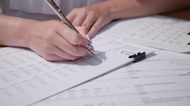 Focusing on strategic business planning, a person writes notes and analyzes data while surrounded by essential documents and spreadsheets in a professional workspace.