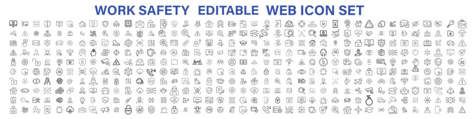 Work Safety editable stroke outline web icons set. Safety first, hazard, protection, health, insurance, regulations, helmet and work. Vector illustration
