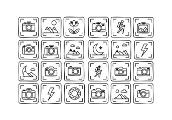 Collection of Photography Related Doodle Icons Representing Diverse Scenes and Concepts Hand Drawn Black and White Illustration