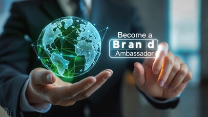 Businessman holds a digital globe, words 'Become a Brand Ambassador' appear on the surface of the sphere