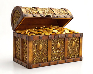 Ornate wooden treasure chest overflowing with golden coins on a white background in a studio shot