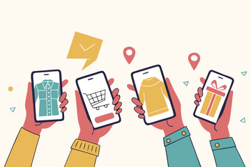 Digital Illustration: Four Hands Holding Smartphones with Shopping Cart, Clothing, Gift, and Map Screens