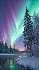 Aurora borealis northern lights winter landscape finland nature travel snowy trees river scenic view hd wallpaper, wallpaper 4k