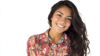 Happy Latin American teenage woman smiling in a colorful floral shirt against a clean white background