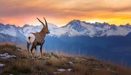 majestic antelope gazes across snowy mountain peaks at sunset
