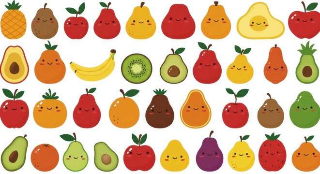 Playful Fruit Pattern: Cartoon Avocados, Apples, Pears, and More with Smiling Faces on White Background