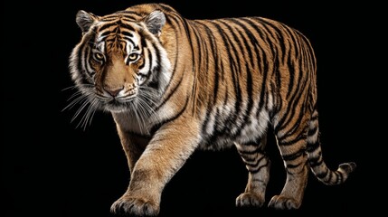 Obraz premium A stunning tiger walking towards the viewer against black background