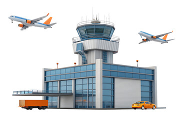 Modern Airport Control Tower with Airplanes and Vehicles on Transparent Background