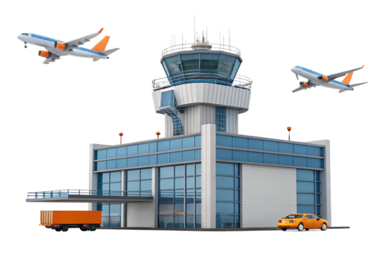 Modern Airport Control Tower with Airplanes and Vehicles on Transparent Background