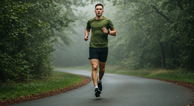Early Morning Run on a Forest Trail with Soft Natural Lighting and Earthy Colors