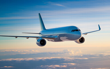 Obraz premium Modern Airplane Soaring Above Clouds at Sunset. AI Generated 