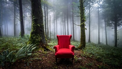 a striking red chair sits alone in a fog filled forest surrounded by tall trees creating an eerie yet captivating atmosphere that invites curiosity and contemplation