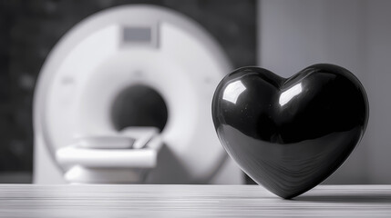 A black heart sits in front of an MRI machine, representing cardiac health and medical advancements.