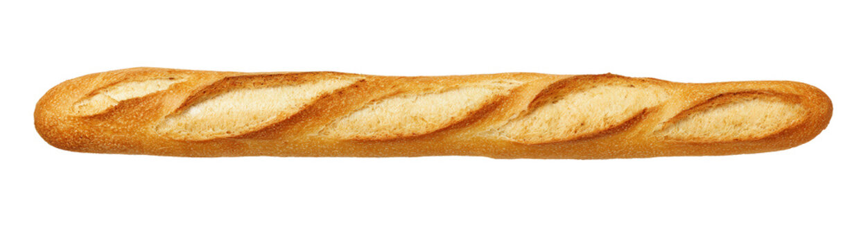 Delightful crisp baguette isolated on a clean white background showcasing rustic French baking artistry in ultra-realistic detail