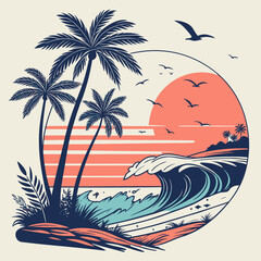 Tropical sunset vector set with palm trees, ocean waves, and birds in a retro color palette. Perfect for t-shirt designs, surf brands, travel posters, and summer-themed graphics