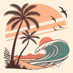 Tropical sunset vector set with palm trees, ocean waves, and birds in a retro color palette. Perfect for t-shirt designs, surf brands, travel posters, and summer-themed graphics