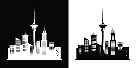 Obraz premium A modern cityscape skyline with a central tower and various buildings, presented in contrasting black and white