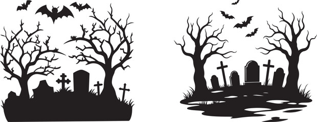 Obraz premium Spooky Halloween Cemetery Silhouette Design