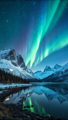Aurora borealis over snowy mountains and lake reflection landscape nature photography travel destination hd wallpaper, wallpaper 4k