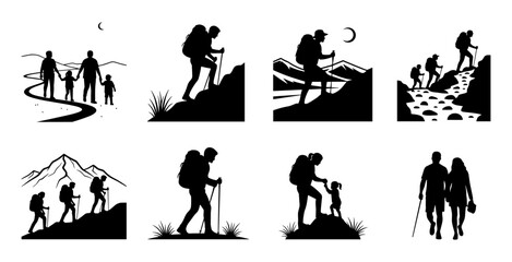 Various hiking and trekking scenes depicted in a striking black and white silhouette style illustrating outdoor adventure and exploration silhouette