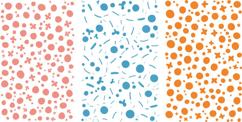 Seamless Abstract Scattered Geometric Shapes Pattern Collection. Featuring Confetti-Like Dots and Triangles in Pink, Blue, and Orange.


