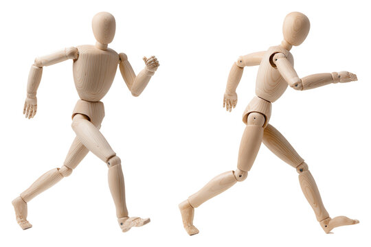 Dynamic wooden mannequin doll captured in motion against a clean white backdrop showcasing running poses from front and side views