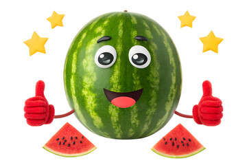 Happy Watermelon Character with Thumbs Up and Slices on Transparent Background