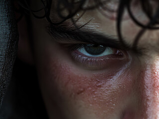 close up of a man face with eye on white background