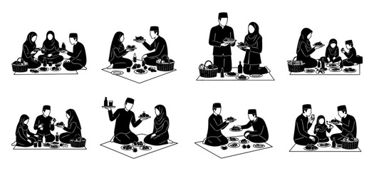 Silhouette illustrations depicting traditional tea ceremony scenes with people in kimonos silhouette