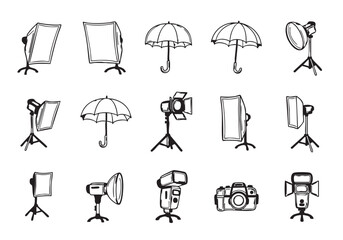 Photography equipment hand drawn vector illustration with studio flash softbox umbrella and camera in doodle style seamless pattern design for web or print