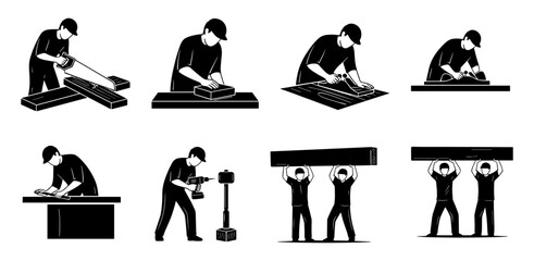 Various industrial manufacturing processes depicted through distinct black and white silhouette illustrations of workers performing various tasks in a workshop setting silhouette