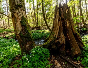 Sunlight filtering through a forest with a mossy tree trunk and a decaying stump