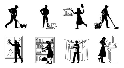 Set of distinct black silhouettes of people engaged in various household cleaning activities and chores silhouette
