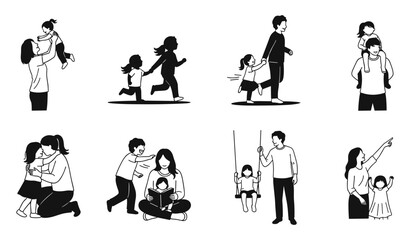 different family moments captured in a charming black and white silhouette style showing parents and children interacting and enjoying time together