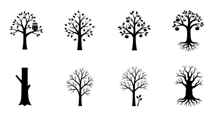 Set of distinct tree silhouettes showcasing various stages of growth and seasonal changes with detailed branch structures and root systems silhouette