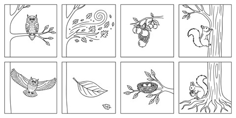 Set of delicate black and white line art illustrations featuring woodland creatures and nature elements in a charming silhouette style