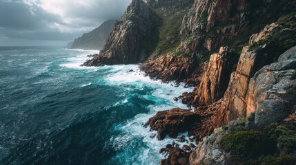 Obraz premium Dramatic coastal cliffs with crashing waves and rugged rock formations, moody skies and turquoise ocean in scenic seascape, wild nature and adventure landscape