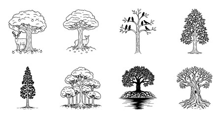 Set of distinct hand drawn tree illustrations in a sketch style showcasing various shapes and root systems silhouette
