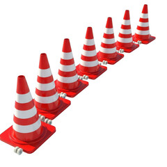 Row of red and white traffic cones isolated on transparent background