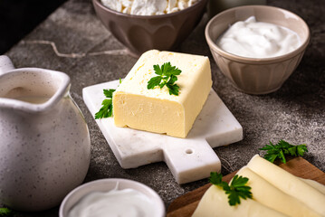 Dairy products. Milk, cottage cheese, cream, butter and yogurt