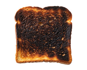 A single slice of burnt toast is isolated against a plain transparent background